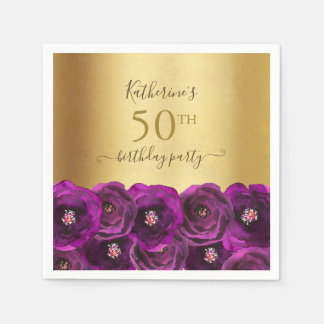 Chic Magenta Rose Floral Gold 50th Birthday Party Pappersservett