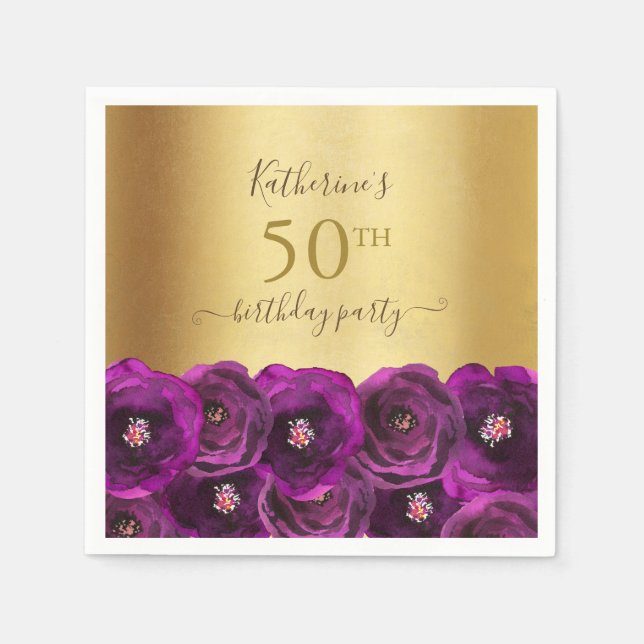 Chic Magenta Rose Floral Gold 50th Birthday Party Pappersservett (Framsidan)