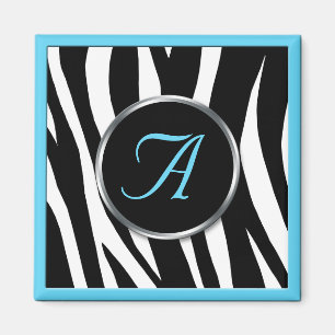 Chic magnet för Monogram för zebra tryckAquablå