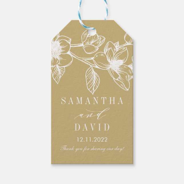 Chic Magnolia Flowers | GULD BRÖLLOP Presentetikett (Framsidan)