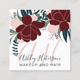 Chic Makeup red blommigt navy blue script monogram Fyrkantigt Visitkort