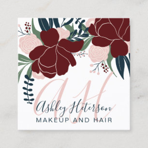 Chic Makeup red blommigt navy blue script monogram Fyrkantigt Visitkort