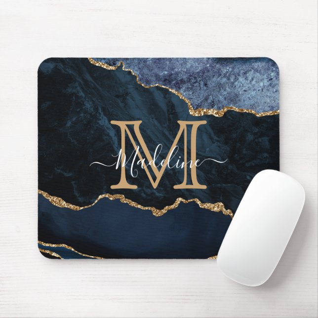 Chic Marble Agate Geode Navy Blue Guld Monogram Musmatta (Med mus)