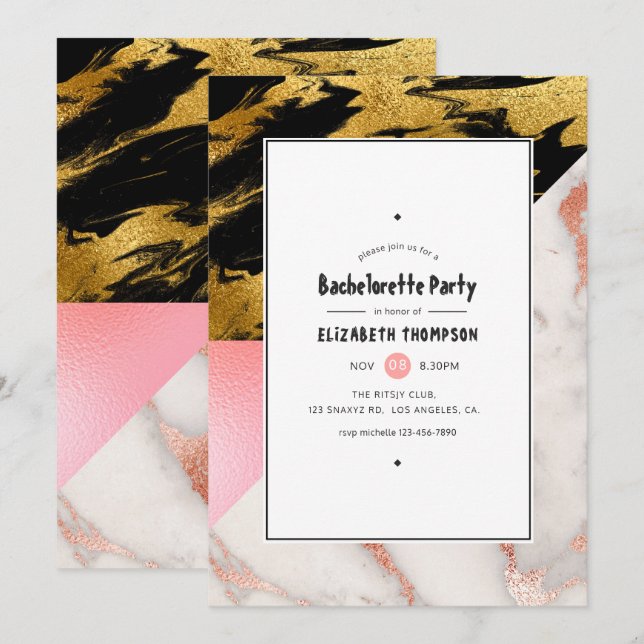 Chic Marble and Foil Geometric Bachelorette Party Inbjudningar (Fram/baksida)
