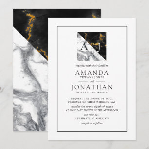 Chic Marble and Foil Geometric Monogram Bröllop Inbjudningar