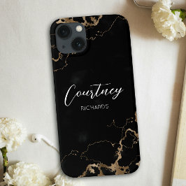 Chic Marble Black & Guld Glitter Monogrammed Namn