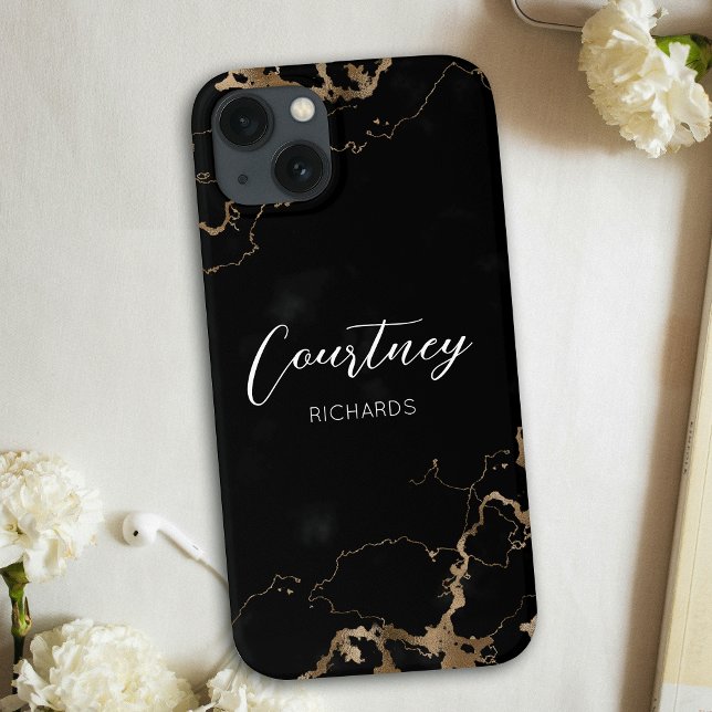 Chic Marble Black & Guld Glitter Monogrammed Namn (Gold glitter and black marble personalized phone case with custom name or logo)