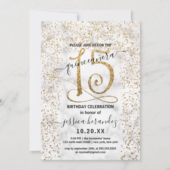 Chic Marble Guld Confetti Gräns Quinceañera Inbjudningar (Framsida)
