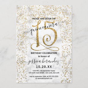 Chic Marble Guld Confetti Gräns Quinceañera Inbjudningar