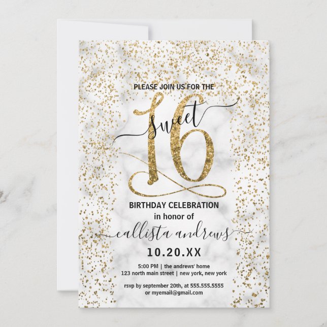 Chic Marble Guld Confetti Gräns Sweet 16 Inbjudningar (Framsida)