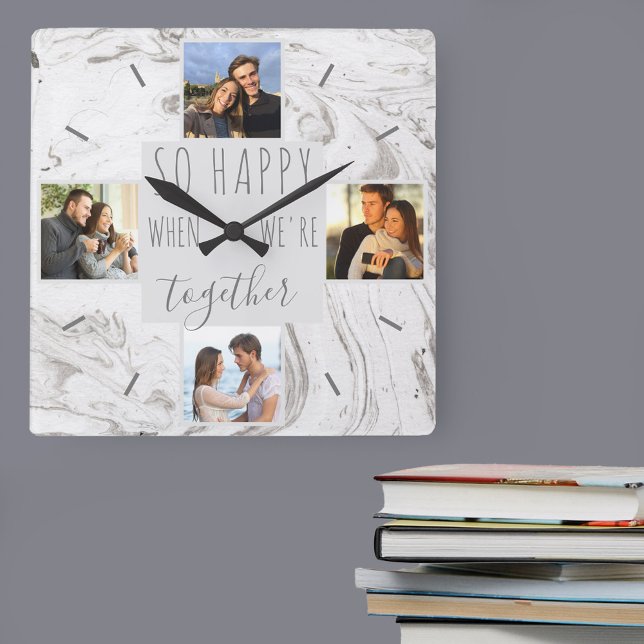 Chic Marble Photo Collage Lycklig tillsammans Fyrkantig Klocka (Photo Clock for romantic couples, friends and family)