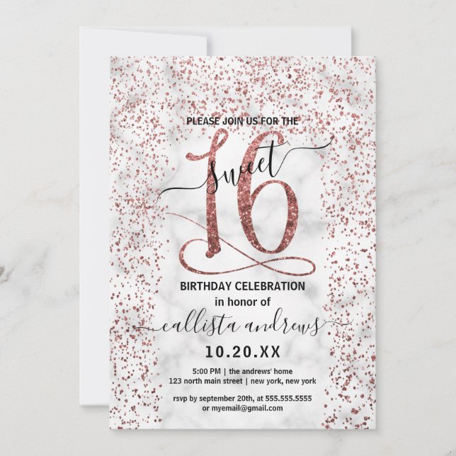 Chic Marble Ro Guld Confetti Gräns Sweet 16 Inbjudningar (Framsida)