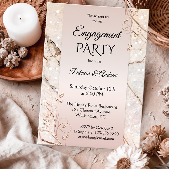 Chic Marble  Rosa Blommigt Förlovning Inbjudningar (Engagement invitation featuring rose gold floral swirls on blush pink and marble )