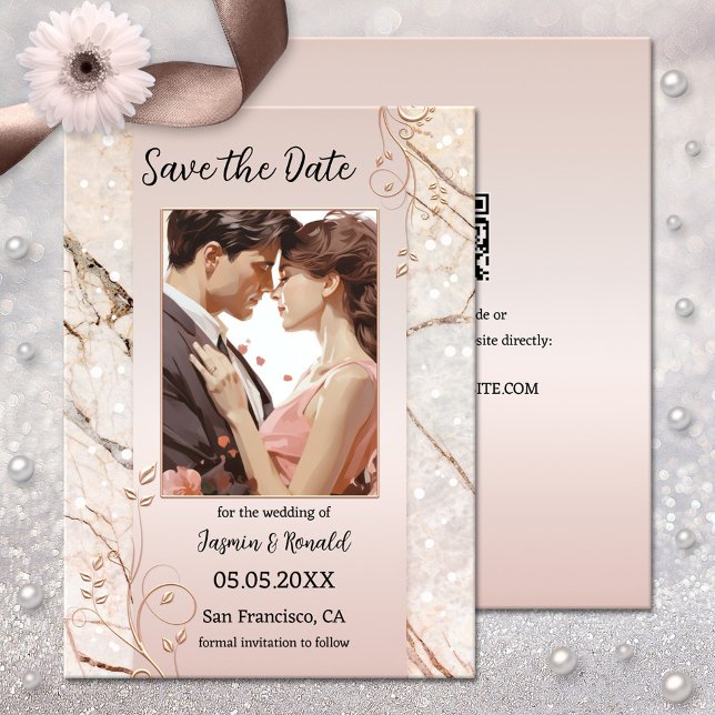 Chic Marble  Rosa Photo Save Date Card Spara Datumet (Save the Date card featuring your photo framed by rose gold metallic floral swirls on pink marble)