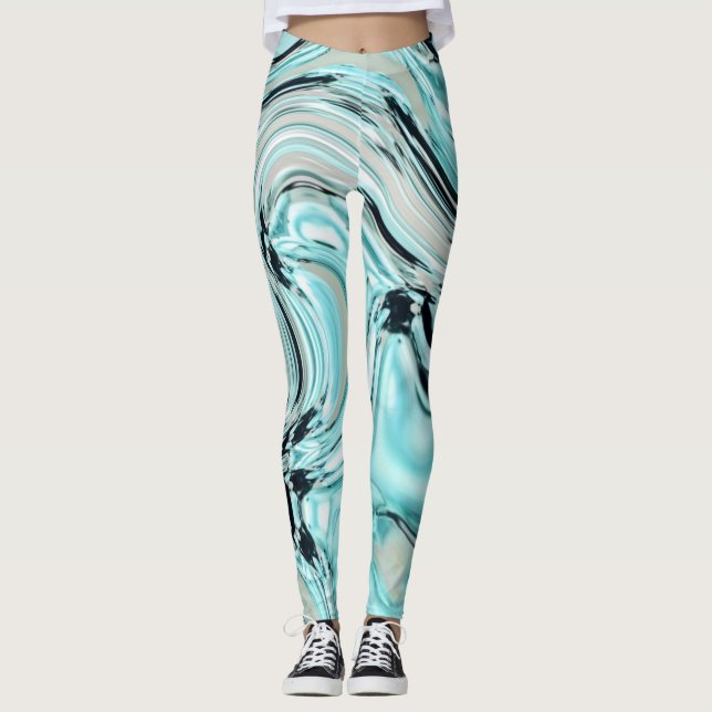 chic marble swirrrens mint aqua Blue vatten Leggings (Framsida)