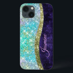 Chic Mardescent lila blue faux glitter monogram<br><div class="desc">Söt chic och elegant gigly silver och iridescent faux glitter i unicorn, regnbåge, teal, aqua, lila blue färg för att skapa ett sött unikt gigantiskt fodral för att skydda din enhet. Vacker, modern och coola täckning för den trendviga och konsthundande höftledaren. Den här snyggten skulle vara underbar för flickor som...</div>