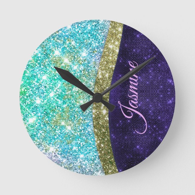 Chic Mardescent lila blue faux glitter monogram Rund Klocka (Framsida)