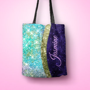 Chic Mardescent lila blue faux glitter monogram Tygkasse