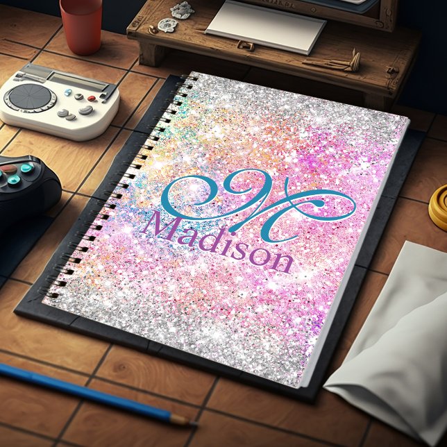 Chic Mardescent rosa silver faux glitter monogram Anteckningsbok (Skapare uppladdad)
