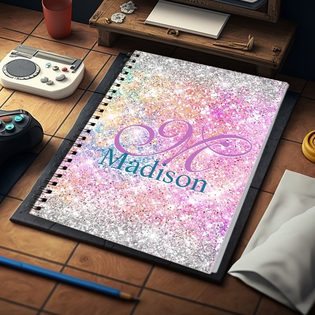 Chic Mardescent rosa silver faux glitter monogram Anteckningsbok (Skapare uppladdad)