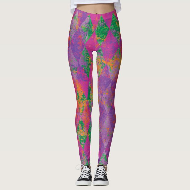 Chic Mardi Gras Lila Harlequin Mönster Leggings (Framsida)