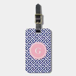 Chic marinblå abstrakt geometrisk mönstermonogram bagagebricka