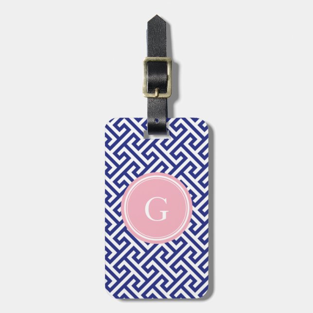 Chic marinblå abstrakt geometrisk mönstermonogram bagagebricka (Vertikal Framsida)