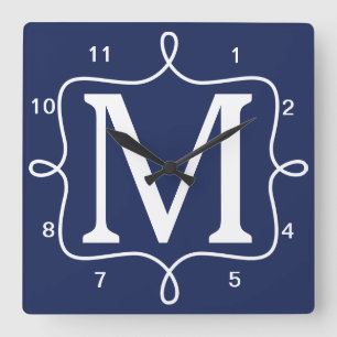 Chic marinblå Monogram Fyrkantig Klocka