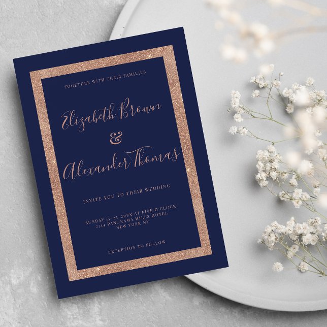 Chic marinblått ro guld ram-kalligrafi bröllop inbjudningar (Chic navy blue rose gold frame calligraphy wedding)
