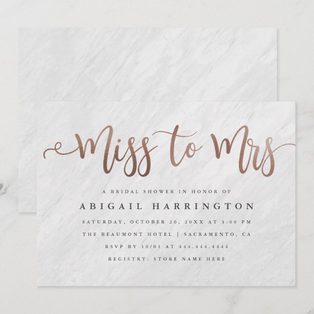 Chic marmor & rosa guld- Fröcken till den Fru Inbjudningar (Fram/baksida)