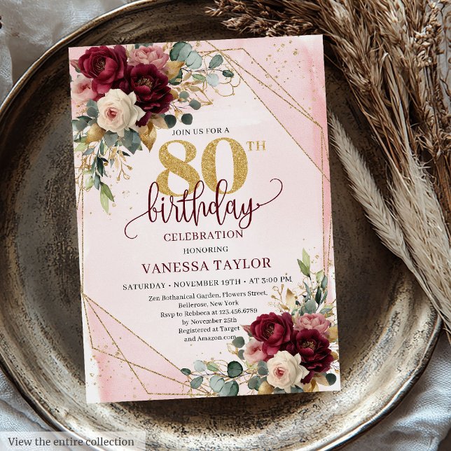 Chic Maron  Guld Ro 80:e födelsedag Inbjudan (Chic Maroon Blush Gold Roses 80th Birthday Invitation)