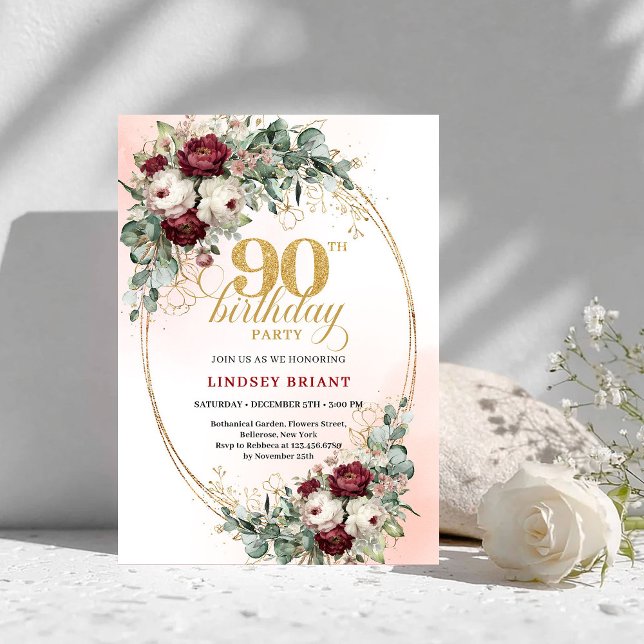 Chic Maroon Peonies Greenery 90th Birthday Invite Inbjudningar (Chic Maroon Peonies Greenery 90th Birthday Invite)