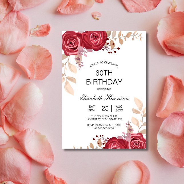 Chic Maroon Ro Blommigt Greenery Birthday Inbjudningar (Skapare uppladdad)