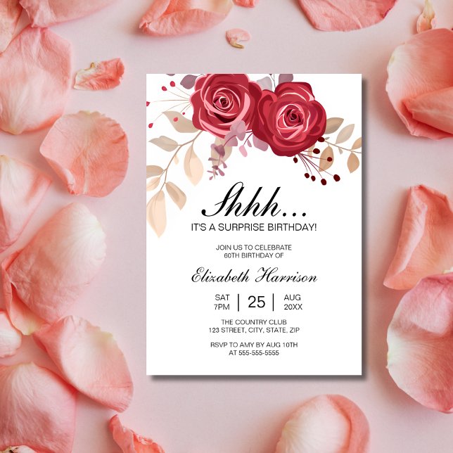 Chic Maroon Ro Blommigt Surprise Birthday Inbjudningar (Skapare uppladdad)