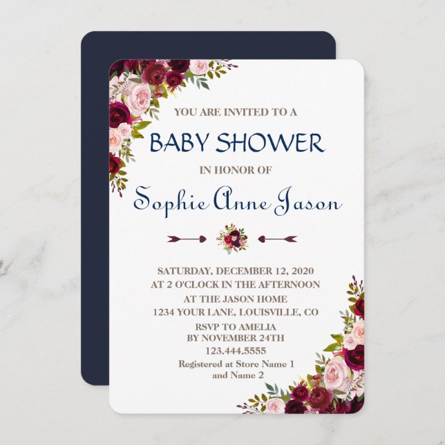 Chic Marsala Blommigt Fall Navy Blue Baby Shower Inbjudningar (Fram/baksida)