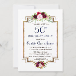 Chic Marsala Blommigt Navy Blue Guld 50 Birthday Inbjudningar