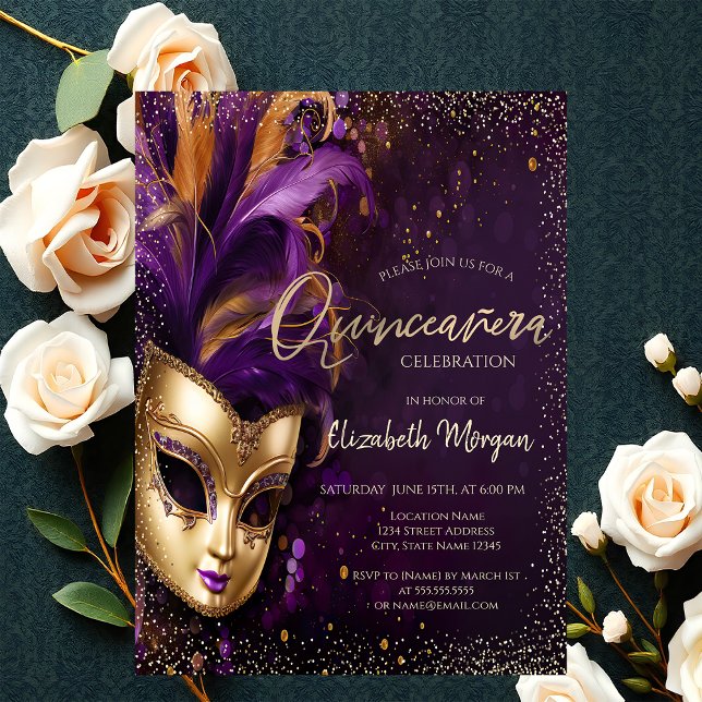 Chic mask, konfetti lila Quinceañera Inbjudningar (Skapare uppladdad)