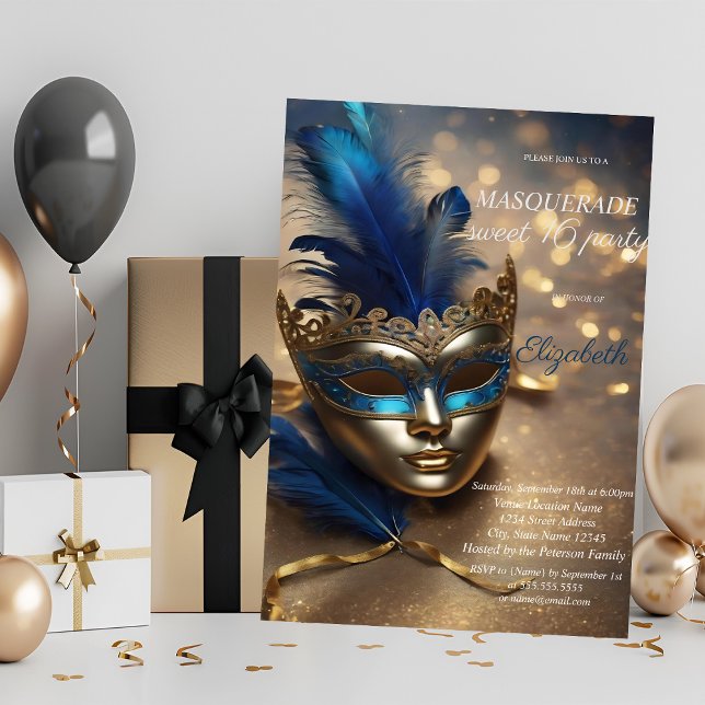 Chic maskerad blå mask bokeh Sweet 16  Inbjudningar (Skapare uppladdad)
