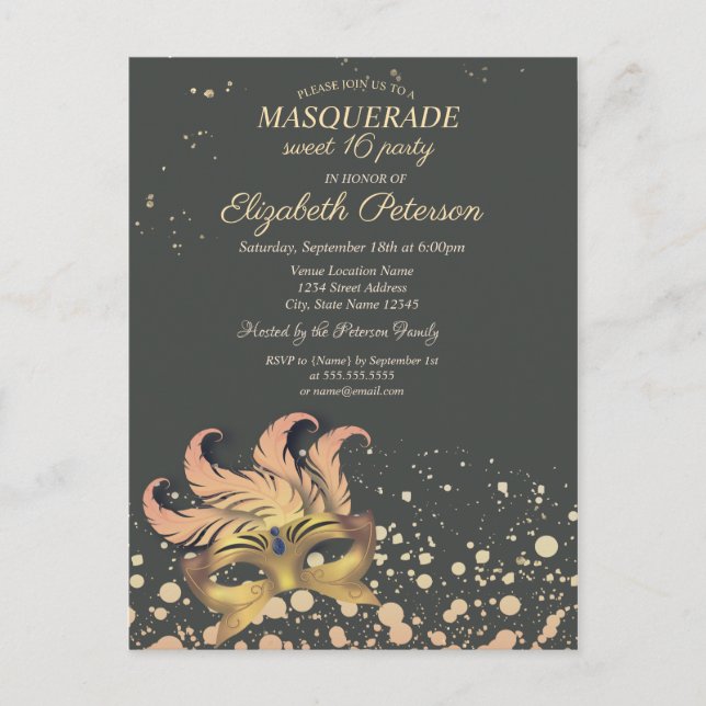 Chic maskerad, prickar, Masque Sweet 16 Inbjudan Vykort (Framsida)