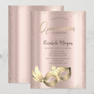 Chic Masque, Confetti Rosa Guld Quinceañera Inbjudningar