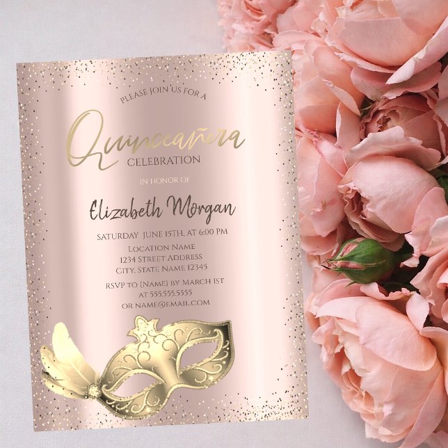 Chic Masque, Confetti Rosa Guld Quinceañera Inbjudningar (Skapare uppladdad)