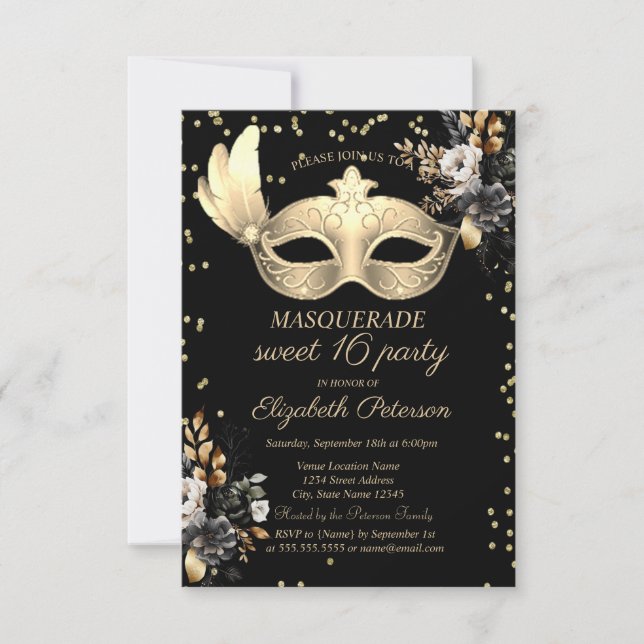 Chic Masque Diamanter Svarta Rosor Sweet 16 Inbjudningar (Framsida)