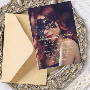 Chic Masquerad Quinceanera-fotoinbjudan Inbjudningar