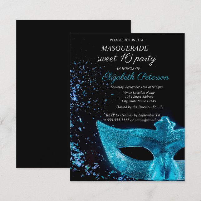 Chic Masquerade Blue Masque Black Sweet 16 Inbjudningar (Fram/baksida)