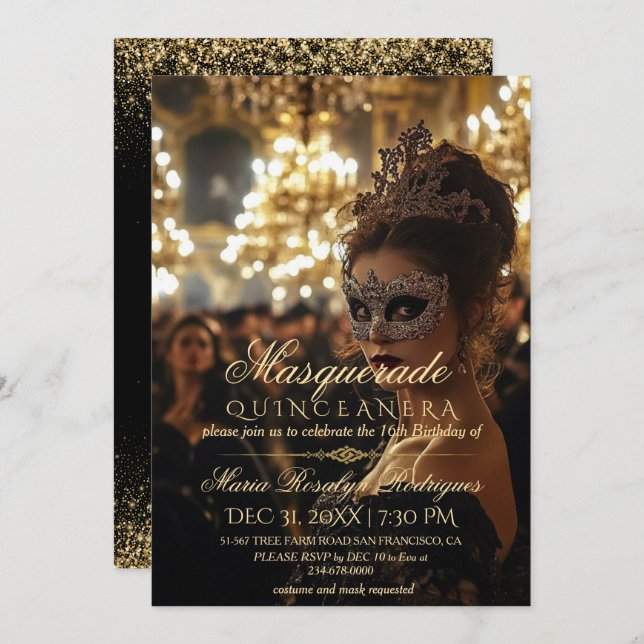 Chic Masquerafotot guld Quinceanera Photo Inbjudningar (Fram/baksida)