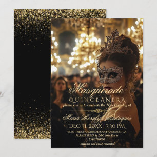 Chic Masquerafotot guld Quinceanera Photo Inbjudningar