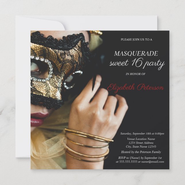 Chic MasqueraGirl Masque Black Sweet 16 Inbjudningar (Framsida)