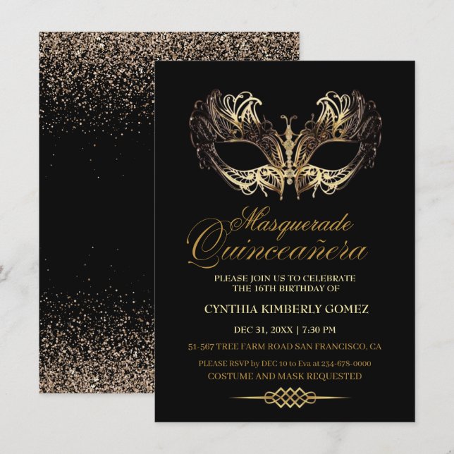 Chic Masquuppad Quinceanera Birthday Inbjudningar (Fram/baksida)