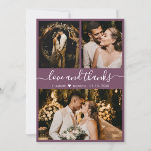 Chic Mauve Elegant Script 3 Photo Collage Bröllop Tack Kort