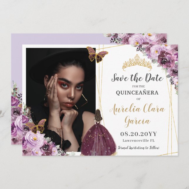 Chic Mauve Plum Lila Blommigt Quinceañera Photo SA Spara Datumet (Fram/baksida)